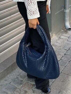 SHEIN Navy Woven Hobo Bag Knotted Handle Shoulder Purse Bottega Style